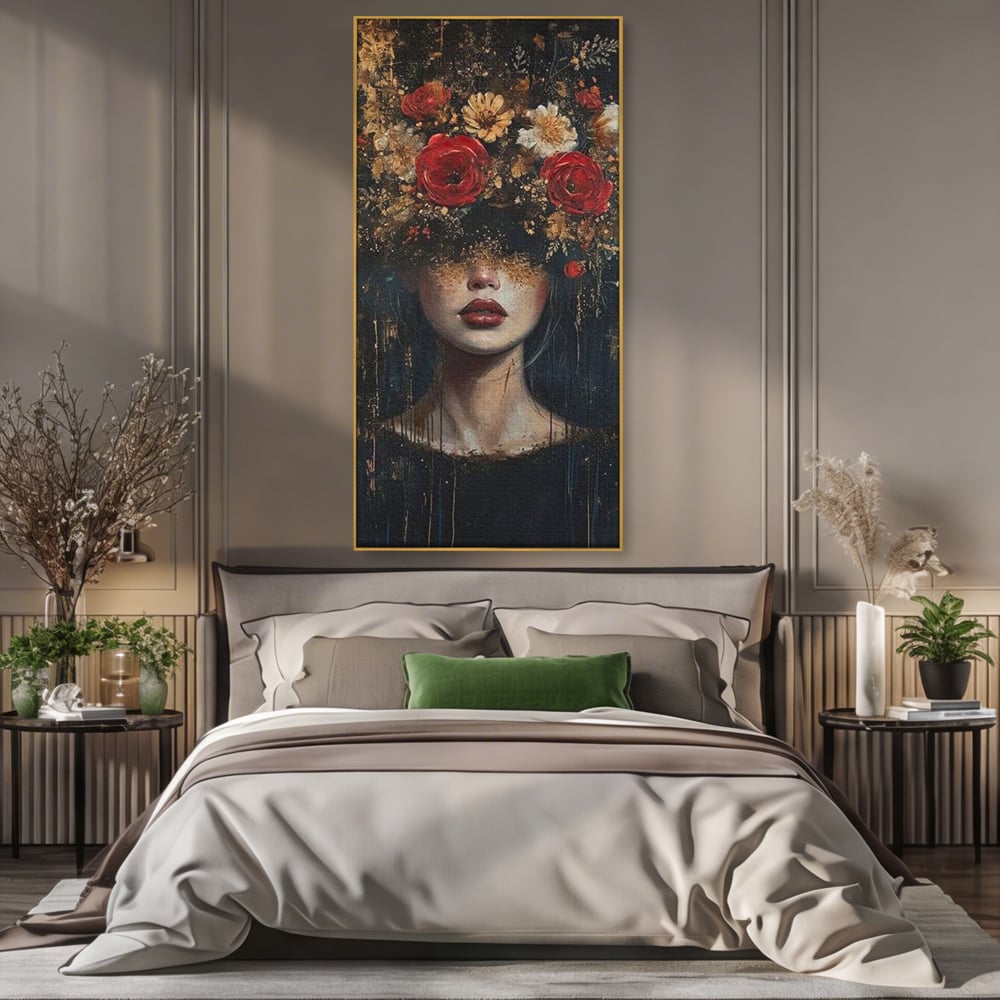 Tablou canvas cu tablou canvas cu portret de femeie si trandafiri rosii, in rama de aluminiu auriu, pe perete intr-un dormitor